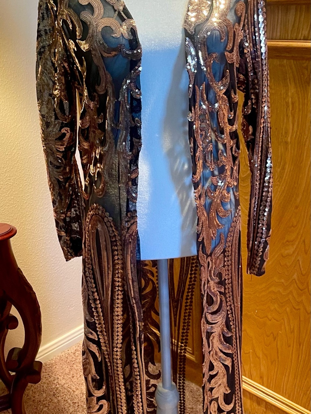 Embellished Long Sequin Duster in Black and Bronze